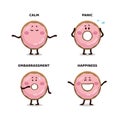 Funny kids emoji stickers, characters, mascots, banner of pink glazed donut.